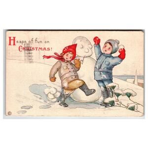 Vintage 1920 Christmas Postcard Kids Snowball Fight Winter Scene Stecher